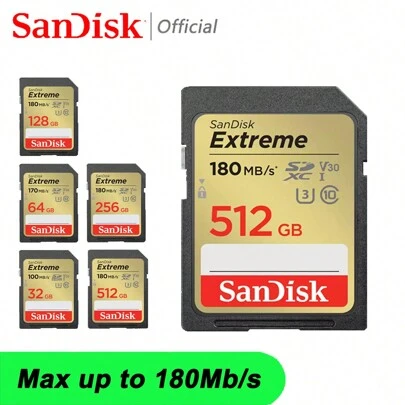  כרטיס SD SanDisk Extreme, כרטיס זיכרון פלאש U3 4K V30, כרטיס אחסון SD במהירות גבוהה, זמין בנפחים 512GB/256GB/128GB/64GB/32GB, מתאים למצלמות, מהירות העברה מרבית של עד 180MB/S