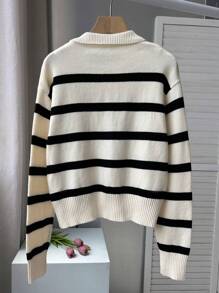 FOR BEAUTY Spring And Autumn New POLO Collar Half Open Retro Stripe Color Blocked Long Sleeved Knitted Sweater Women's J Fashion Loose Old Money Style Graduation Outfit Knit Top Jumpers For Women New Year