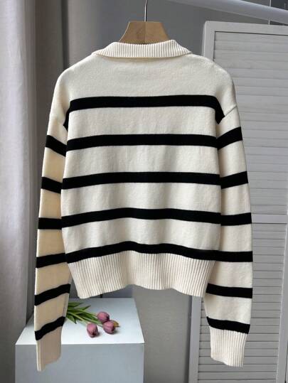 FOR BEAUTY Suéter polo de punto a rayas blancas y negras para mujer, cuello en V, manga larga, dobladillo acanalado, top corto para primavera y otoño, uso diario casual, oficina y calle...