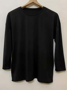 Blusa informal de bolsillo de unicolor negro talla grande, primavera - Negro - Ver 2