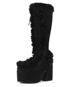 Knee High Boots For Womens Side Zipper Warm Faux Fur Platform Chunky Heel Punk Goth Walking Winter Snow Boots - 黑色 - 查看 2