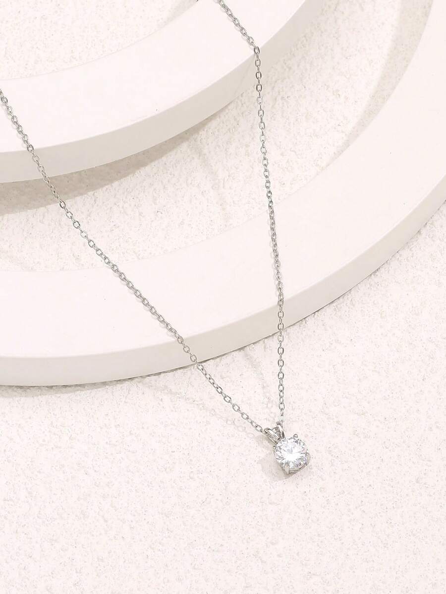 Round Cubic Zirconia Charm Necklace - Silver - View 1