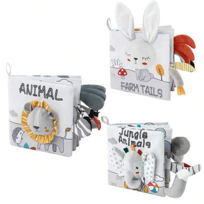 Soft Fabric Animal Tail Baby Teething Book, Durable Non-Tear Early Educational Sensory Toy