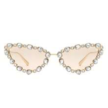 Cat Eye Sunglasses Rhinestone Embellished Luxury Frame With Polarized UV Mirrored Lenses, Glamorous Women's Designer Glasses For Women's Luxury Vibes, Evening Events, Celebrations, Weddings And Red Carpet Looks - 金色 - 查看 1