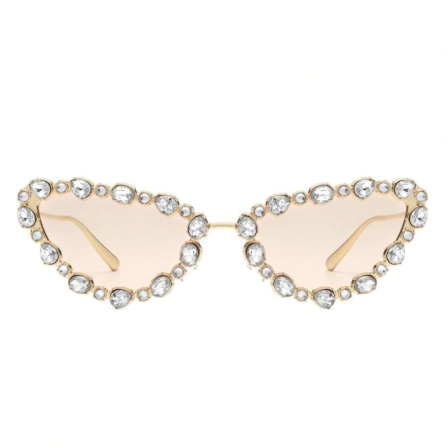 Cat Eye Sunglasses Rhinestone Embellished Luxury Frame With Polarized UV Mirrored Lenses, Glamorous Women's Designer Glasses For Women's Luxury Vibes, Evening Events, Celebrations, Weddings And Red Carpet Looks - 金色 - 查看 1