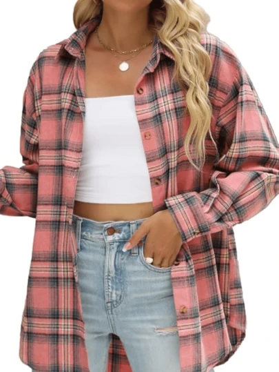 Women's Casual Plaid Flannel Shirt For Autumn,Long Sleeve Tops Spring