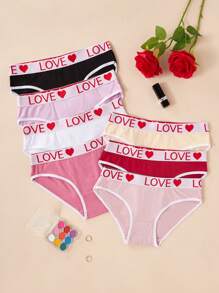 7pcs Women Briefs With Simple Love Woven Waistband, Solid Color Triangle Panties