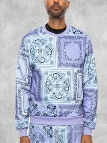 Men's Regular Fit Paisley Printed Fleece Long Sleeve Pullover Sweatshirt - 紫色 - 查看 5