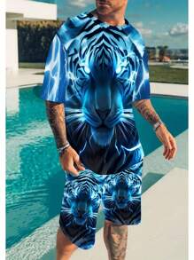 Men's Outfit, Tiger Graphic 3D Print Casual Crew Neck Short Sleeve T-Shirt & Shorts 2-Piece Set For Summer Outdoor Activities