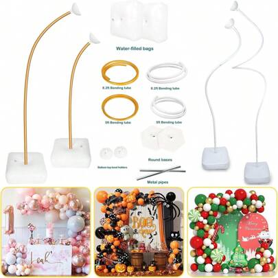 1 Set Balloon Arch Kit 8.2FT & 5FT, Free Bending Half Balloon Arch Stand With Water Base, Floor Gold Balloon Arch Frame Backdrop For Wedding Birthday Party Yard Lawn Home Halloween Christmas Decorations,Christmas