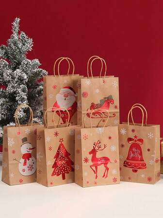 12/24pcs Christmas Kraft Paper Gift Bags, Suitable For Holiday Paper Gift Bags, Christmas Gift Bags, Classroom And Party Presents (Random Style),Christmas