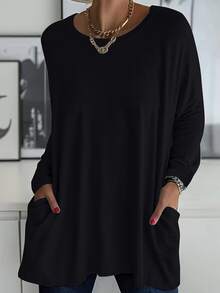 Blusa informal de bolsillo de unicolor negro talla grande, primavera - Negro - Ver 1