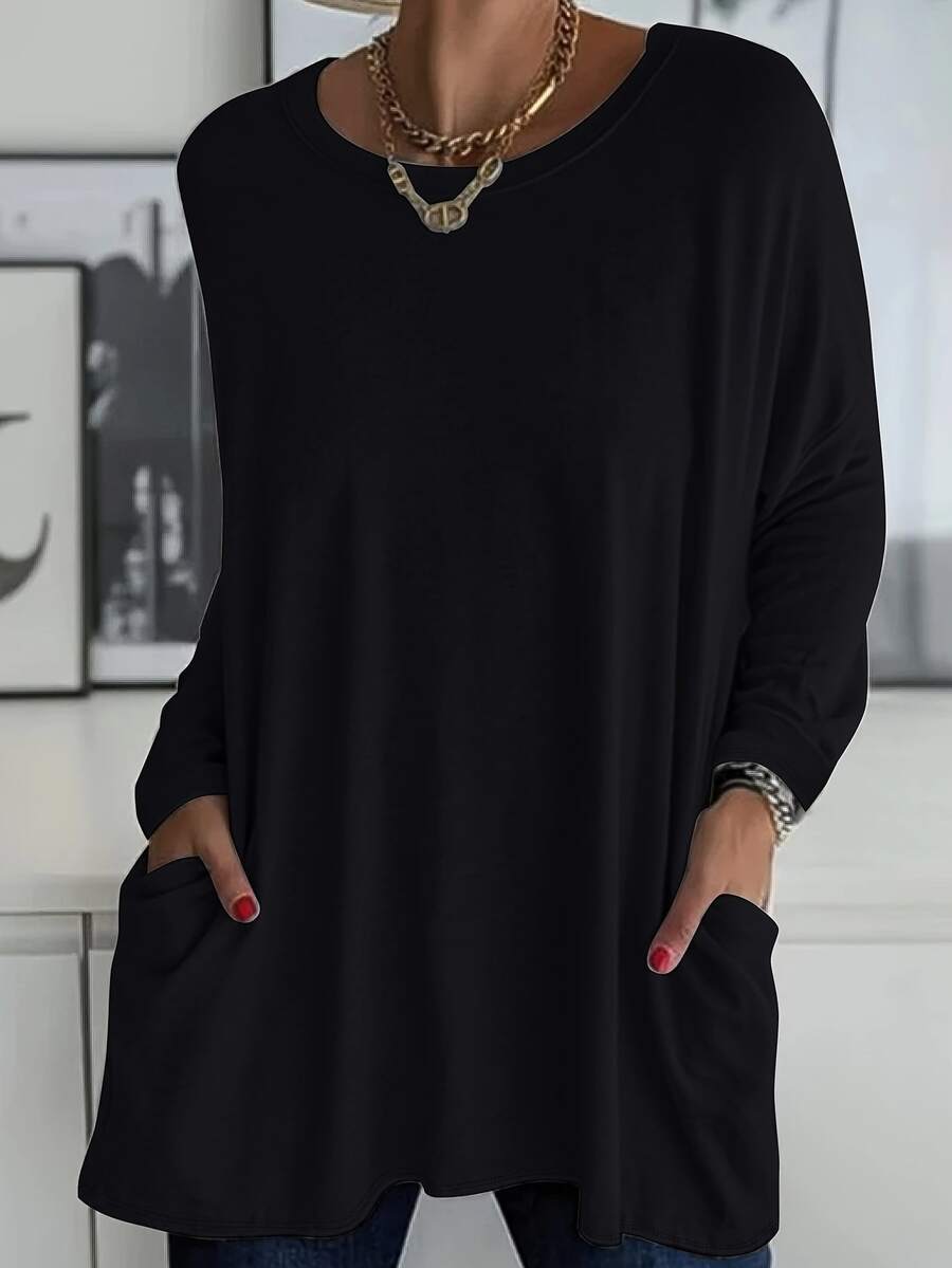 Blusa informal de bolsillo de unicolor negro talla grande, primavera - Negro - Ver 1