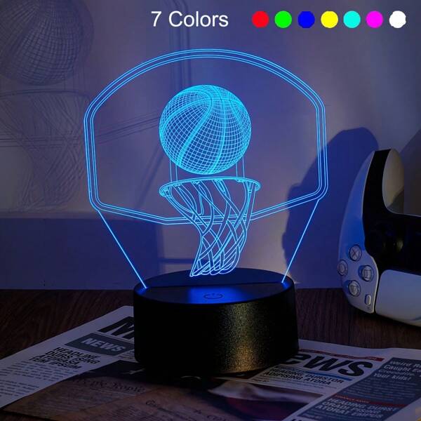 1 pieza Lámpara de mesa LED de 7 colores con base de tablero acrílico en forma de aro de baloncesto o base negra de 7 colores o lámpara de mesa mini de blanco cálido