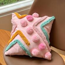 1pc Bohemian Plush Geometric Pom Pom Decorative Throw Pillow Case For Living Room, Bedroom, Party, Cute Embroidered