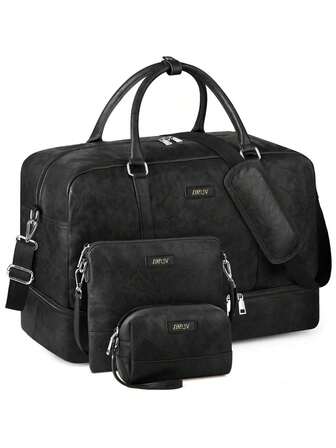 Overnight Bags For Women, Large Capacity Travel Duffel Bag Carry On Bag For Airplanes Weekender Bag For Women With Dry And Wet Separation Waterproof Shoes Compartment & Pockets, Men Leather Travel Business Essential Toiletry Bag Make Up Bag Gift 3Pcs,Durable Overnight Bag Luggage Bag