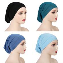 4 pièces/set Bonnet de voile de couleur unie respirant et élastique, turban, bonnet de cheveux, tour de tête pour abaya, vêtements voilés pour un usage quotidien