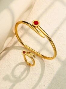 1 Set/2 Stücke modisches, klassisches Armreif Set mit römischen Ziffern, einzigartiges Nagel Design, charmantes Edelstahl Armband und Ring Schmuck Set für Frauen