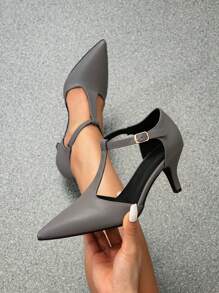 尖头细跟踝带凉鞋镂空露跟高跟鞋百搭婚礼正式场合女士高跟鞋，猫跟鞋 - 灰色 - 查看 2