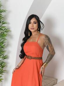Women's Long Linen Dress - Orange - View 3