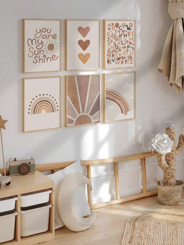 6 PIEZAS Impresión en lienzo de estilo bohemio con alfabeto, arte de pared pintura de amor, póster de arcoíris, imagen de pared de lienzo beige, arte de pintura de sol, póster decoración de pared de guardería, póster decoración de pared para dormitorio de niños sin marco
