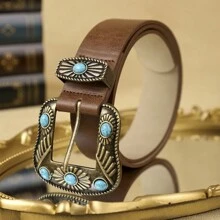 Cinto feminino de couro sintético marrom com fivela de contas, estilo boêmio, adequado para uso casual, festa, uso diário, Halloween, verão, escola, outono, Halloween - Castanho - Ver 2