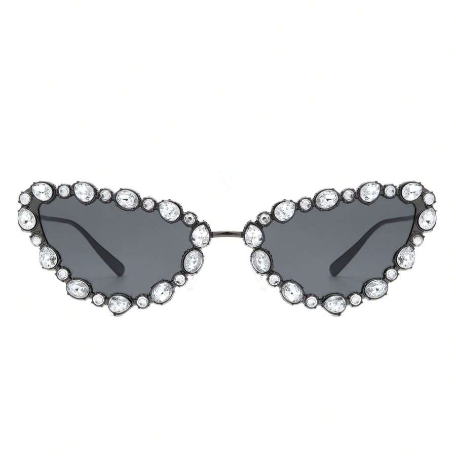 Cat Eye Sunglasses Rhinestone Embellished Luxury Frame With Polarized UV Mirrored Lenses, Glamorous Women's Designer Glasses For Women's Luxury Vibes, Evening Events, Celebrations, Weddings And Red Carpet Looks - 黑色 - 查看 1