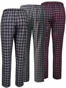 3pcs/set Men's Adjustable Waist Plaid Design Mixed Color Casual Long Pants For Autumn And Winter