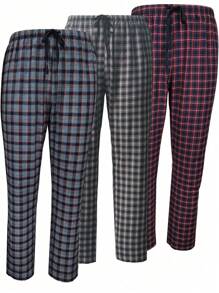 3pcs/set Men's Adjustable Waist Plaid Design Mixed Color Casual Long Pants For Autumn And Winter