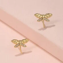 1 Cặp bông tai đính đá Zirconia hình chuồn chuồn, chim và hoa thiết kế sang trọng, đa năng cho các dịp và ngày lễ của phụ nữ - Vàng - Xem 3