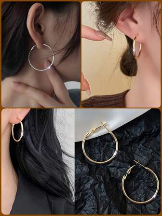 1 件简约环形耳环，不锈钢珠宝时尚、简约、百搭女士金耳环