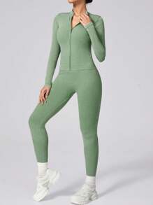 1 Set Women's Fashion Matte Long Sleeve Long Pants Workout Set, Ribbed Zip Sports Suit For Outdoor Shapewear - Army Green - View 2