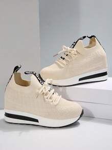 Women Spring/Autumn New Stylish Thick Sole Wedge Sneakers, Knitted Breathable Comfortable Hidden Heel Casual Shoes, Students' Plain Color Versatile Athletic Sneakers