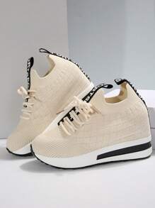 Women Spring/Autumn New Stylish Thick Sole Wedge Sneakers, Knitted Breathable Comfortable Hidden Heel Casual Shoes, Students' Plain Color Versatile Athletic Sneakers