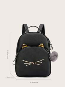 Mochila de niñas con bolsillo delantero con pompón - Negro - Ver 3