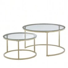 31.5" Glass Nesting Coffee Table Set Of 2, Small Glass Round Nesting Tables For Living Room Bedroom, Accent Tea Table With Metal Frame Modern Industrial Simple - Vàng - Xem 4