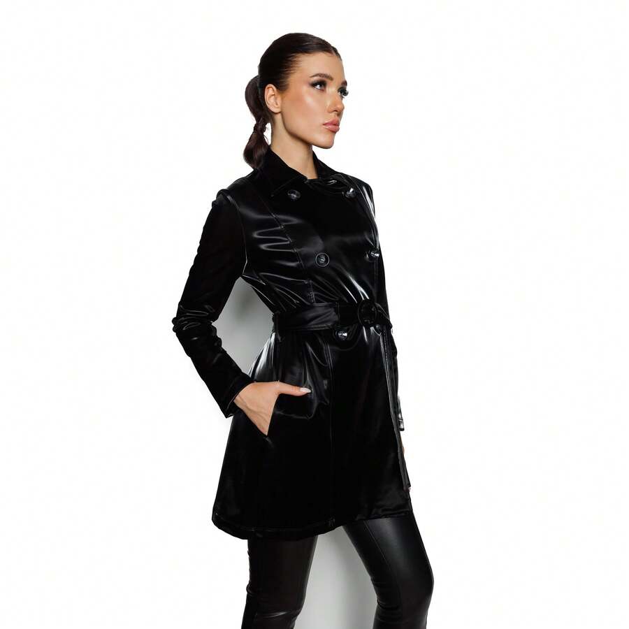 Black Leather Trench Coat, Rubber Type - Black - View 1
