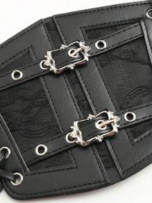 1 件女式深色朋克风格 PU 皮革弹力抽绳腰带，适合万圣节派对或日常穿着 - 黑色 - 查看 5