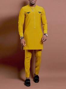 男士黄色 Dashiki 印花两件套，长袖圆领上衣，下摆开叉，配有抽绳腰裤，传统非洲休闲装，1 套，街头风格，派对，婚礼