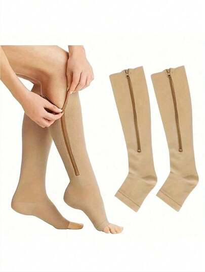 一双中等压力压缩袜，带拉链，运动塑形袜，紧身小腿袜套（产品外包装随机发货）