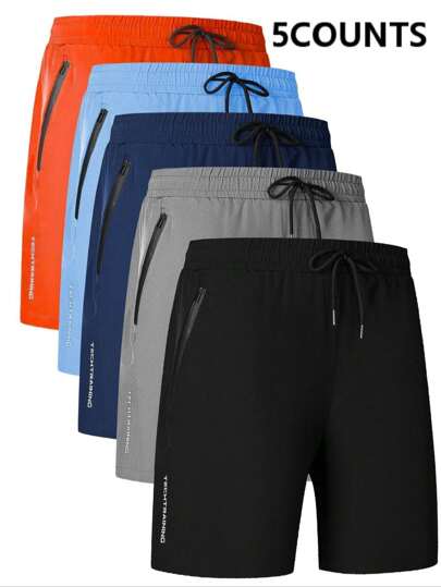 5pcs Boyfriend Style Men's Quick Dry Drawstring Shorts, Suitable For Sports, Fitness, Swimming, With Zipper Pockets, Breathable, Casual, Ideal For Summer Outdoor, Gym Training, Home Leisure, Beach Vacation