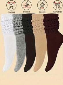 5 Pairs Solid Slouch Socks, Simple & Warm Thick Calf Socks For Fall & Winter, Women's Socks