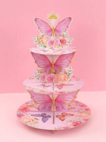 1Set Pink Butterfly Theme Cake Holder Stand, 3 Tier Cupcake Dessert Display Stand Birthday Party Decorations, Cardboard Cupcake Holder For Birthday Anniversary Wedding Party Supplies, Butterfly Theme Table Decor,Kitchen Home Cake Decorations Party Supplies - Pink - View 5