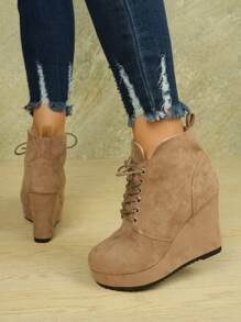 Bottines pour femmes, chaussures compensées synthétique de couleur unie, bottes à plateforme imperméable à lacets avec semelle épaisse, chaussures rehaussantes