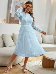 Simplee Women's Elegant Lace Patchwork Solid Color Long Sleeve Pleated Dress, Party Dress, Wedding Guest - Baby Blue - View 3