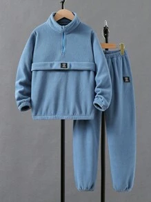 2 Stücke/Set Tween Jungen Koreanischer Stil Lässige Plüsch Outfit, Frühling/Herbst