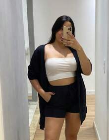 USM Shein Solid Supima Knit Kimono And Shorts Set - 黑色 - 查看 1