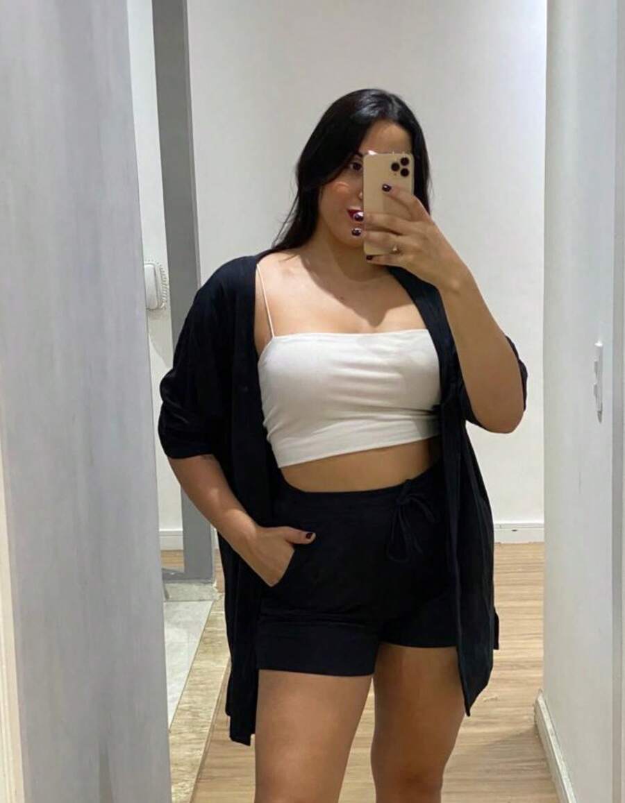 USM Shein Solid Supima Knit Kimono And Shorts Set - 黑色 - 查看 1