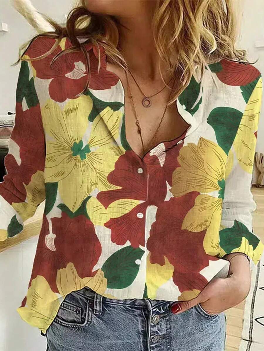 Women's Fashion New Single-Breasted Long Sleeve Printed Shirt - Multicolor - View 1