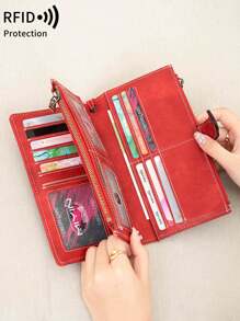 MIYIN 复古时尚女士多功能大容量三折信用卡夹，RFID 防盗刷钱包，可装信用卡/身份证/硬币/现金/收据，女士双拉链口袋手拿包，生日礼物，周年纪念礼物，女士钱包，长款钱包，腕包 - 紅色 - 查看 6